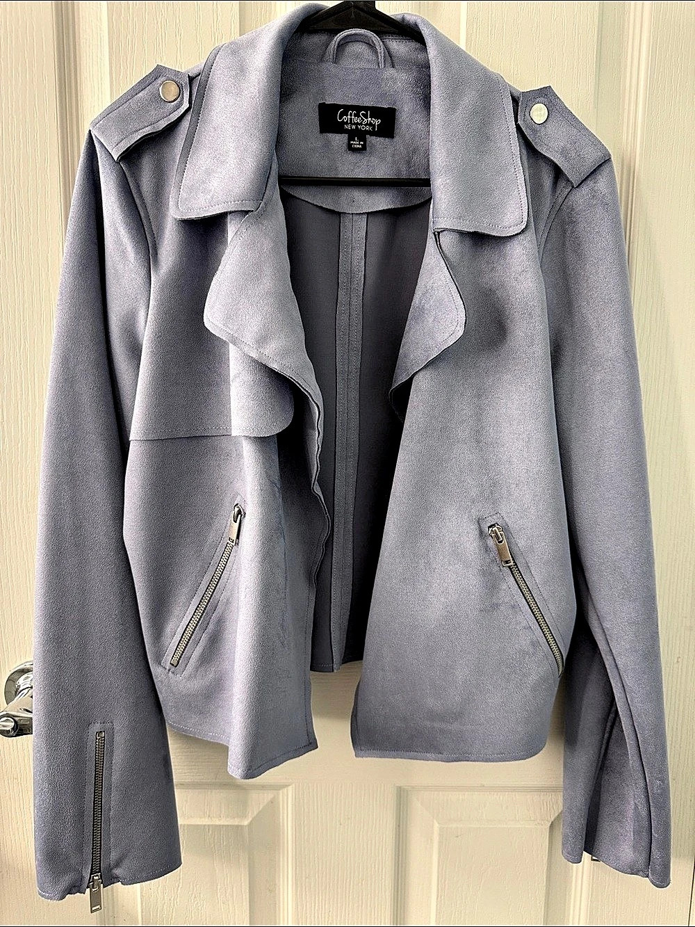 NWT Coffee Shop NY Stitch Fix Cornflower Blue Faux Suede Moto Jacket L